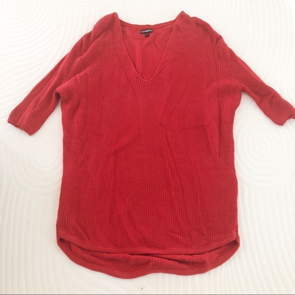 Express Sweater Womens Small Cherry Red Chunky Knit V Neck Cozy Tunic Christmas